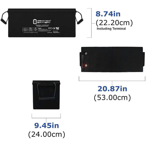 Straight Plug And Go 12 Volt 200 Ah 4D Sealed Lead Acid Agm Battery Replacement For Articulating Boom Lifts Maintenance Free Sla Rechargeable Heavy Duty Power Unit Four Pack Ul Certified, dimensions shown with battery design.