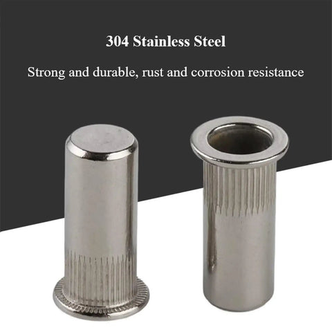 Heavy Duty Shop Grade 304 Stainless Steel Countersunk Rivet Nuts M5 X 16mm showing two threaded inserts with knurled grip.