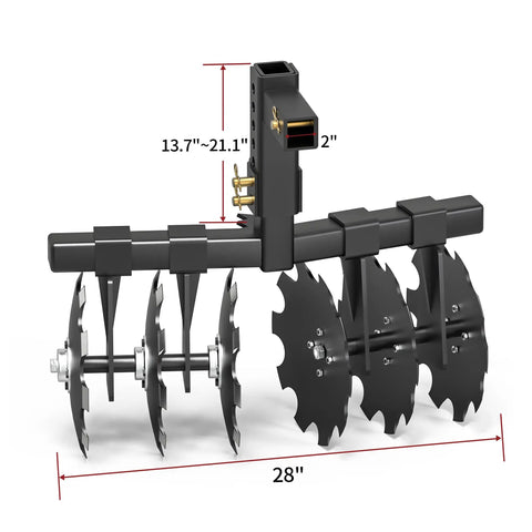 Heavy-Duty 28 Inch Disc Plow Harrow With Universal 2 Inch Receiver Hitch for ATV UTV, showing adjustable height and durable build