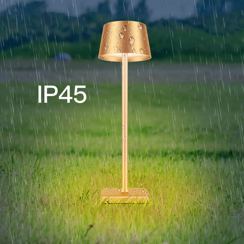 Cordless Table Lamp With Dimmable And Rechargeable Battery, Waterproof Gold Lampshade For Indoor And Outdoor Use shown in rain