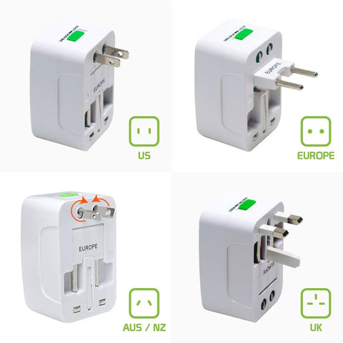 Portable Worldwide Universal Power Adapter All In One Travel Charger showing US, EU, AUS, and UK plug configurations.