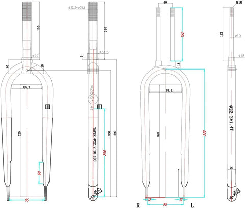 Technical diagram of 26 Inch Springer Fork For Cruiser Bicycles With Dual Spring Suspension, showing measurements and parts.