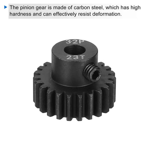 Two Pack Hardened Pinion Gear Set 23T 32P With 5mm Shaft for 1/10 RC Cars Boats Drones, carbon steel gear close-up