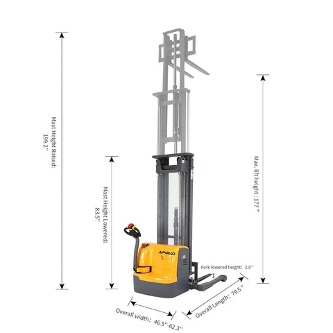 Pro Grade Electric Powered Stacker With Straddle Legs For Warehouse Heavy Duty Material Lift 3300 Lb Capacity 177 Inch Max Height side view with dimensions