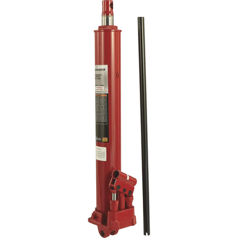 Heavy Duty 8 Ton Long Ram Hydraulic Floor Jack With Rapid Double Piston Pump, featuring a red steel body and clevis base for easy mounting.