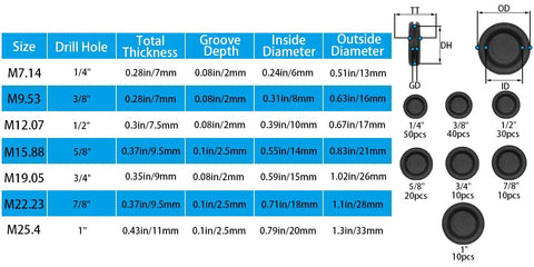 Dimensions chart for Grommet Firewall Hole Plug Set 170 Pack With 7 Common Sizes Rubber Wire Gasket For Auto Body