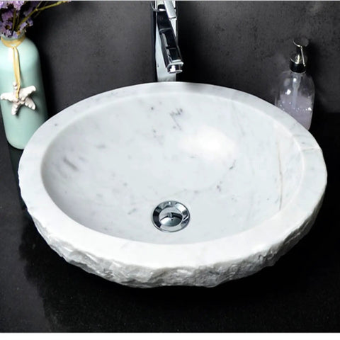 Durable Modern Oval Marble Vessel Sink Handcrafted From Real Natural Stone Above Counter Bathroom Vanity Bowl with polished surface.