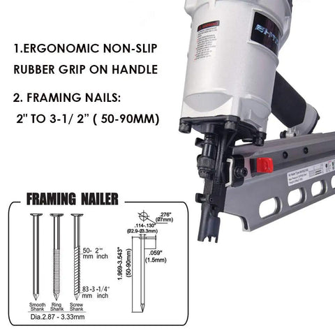 Beefy Framing Nailer 21 Degree Three And One Half Inch Pro Grade With Depth Adjustment And Tool Free Depth Of Drive visible with nail size chart