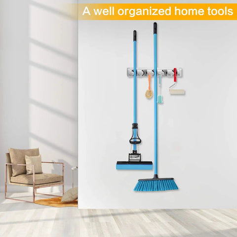 Wall Mounted Mop Broom Holder Organizer Rack With 5 Slots And 6 Hooks for kitchen garage laundry garden tools, blue mop and broom