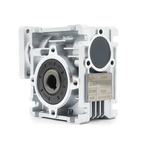 Aluminum NMRV30 worm gear reducer with 1:10 ratio, front bearing, and nameplate