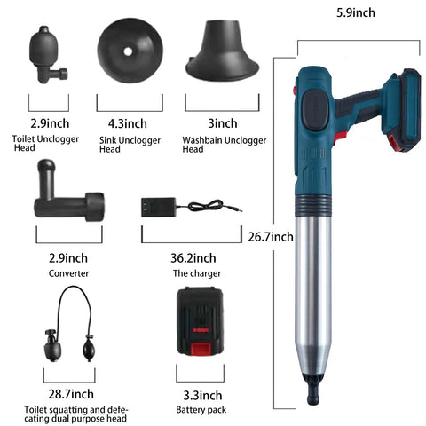 High Pressure Air Plunger Gun For Clogs With Detachable Heads showing 6 heads, battery pack, and charger with dimensions