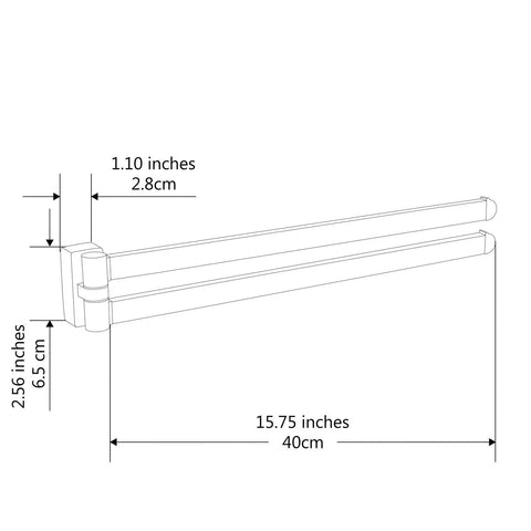 Diagram of Swivel Towel Bar Two Arms Wall Mount in Brushed Nickel with dimensions: 15.75 inches length, heavy duty stainless steel.