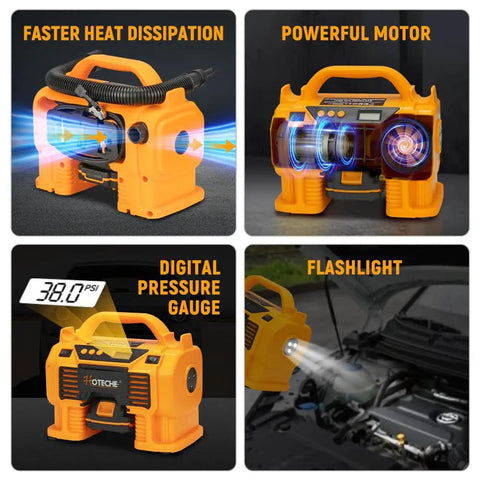 Hoteche 20V Cordless Air Compressor 160PSI Max Portable Tire Inflator with digital gauge and flashlight for emergency use