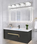 Five Light LED Modern Bathroom Vanity Fixture With Crystal Glass And Stainless Steel Over Mirror in sleek white bathroom setting