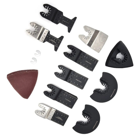 Workhorse Oscillating Saw Blades Kit for Multitool with high carbon steel blades, quick release, long wavy teeth, sandpaper