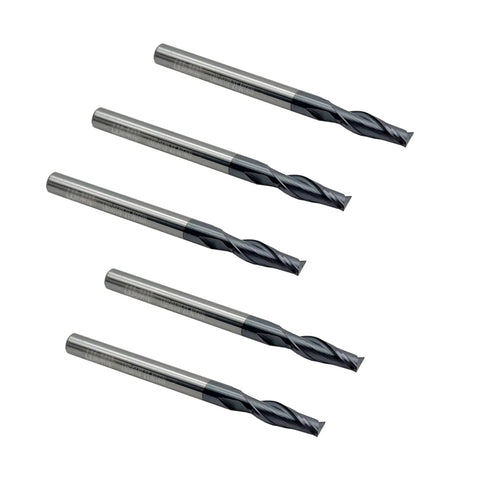 Carbide Square End Mill Two Flute One Eighth Inch Shank And Cutting Diameter One Eighth Inch Three Eighths Inch Cutting Length One And A Half Inch Total Length TiAlN Coated For Milling Alloy Steels Hardened Steel And Metal Ideal For DIYers And Pros Set, displayed in a set of five tools.