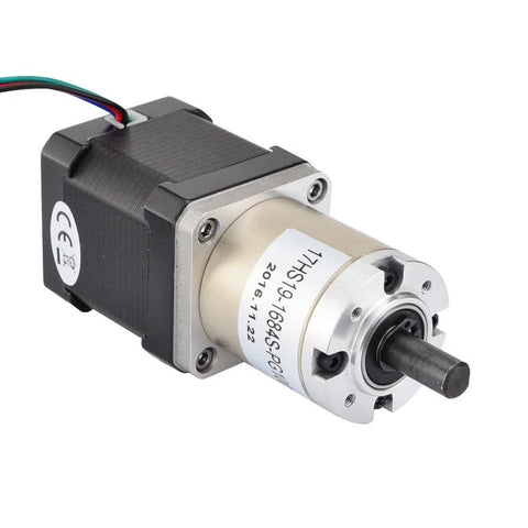 Stepper motor with 100:1 planetary gearbox, NEMA 17, angled front view, black housing, silver head, multicolor wires
