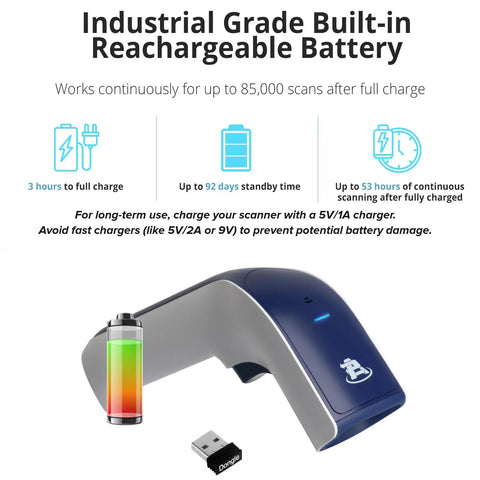 Wireless Portable 1D Bluetooth Barcode Scanner With Stand Handheld 3 In 1 Cordless Rechargeable Scan Gun next to USB adapter