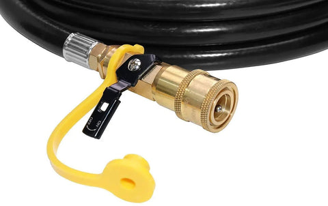 Close-up of a Twelve Foot RV Propane Quick Connect Hose With Elbow Fitting showing safety shutoff valve and connector details.