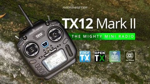 TX12 MkII ELRS 16CH OpenTX EDGETX Multi-Module Radio Transmitter For RC Drones on grass with feature icons displayed