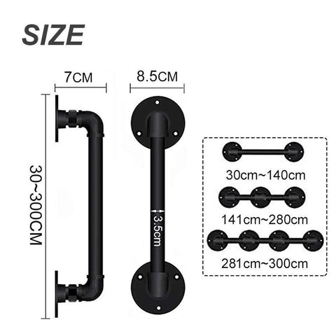Matte Black Industrial Pipe Stair Handrail Featuring Badass Non Slip Grip Solid Wrought Iron Wall Banister No Sweat Indoor Outdoor Safety Support Bar For House And Stairs size illustration with dimensions 30-300cm