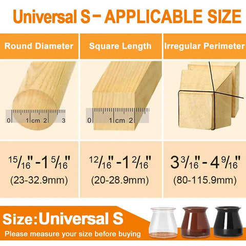 Size chart for Crazy Easy Silicone Chair Leg Protectors For Hardwood Floors 24 Pack Slip On Floor Caps with measurement guide