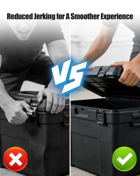 Comparison of a toolbox lid with and without Gas Strut Lid Hinge For Storage Box, Slick Lid Lift And Smooth Opening.