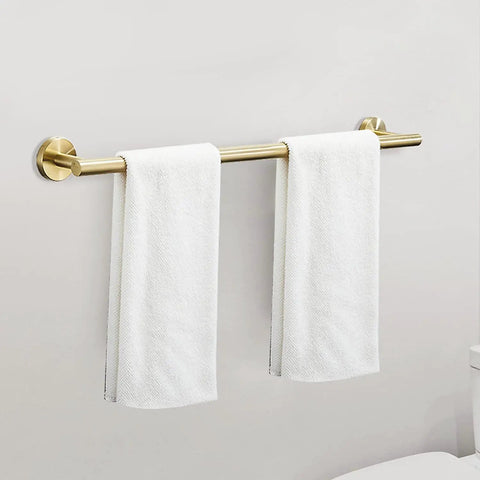Budget Friendly Brushed Gold Bathroom Hardware Set 5 Piece Wall Mount Includes Towel Bar Toilet Paper Holder Towel Ring And 2 Robe Hooks Modern Durable Bath Accessories For Easy Install showing towel bar with white towels