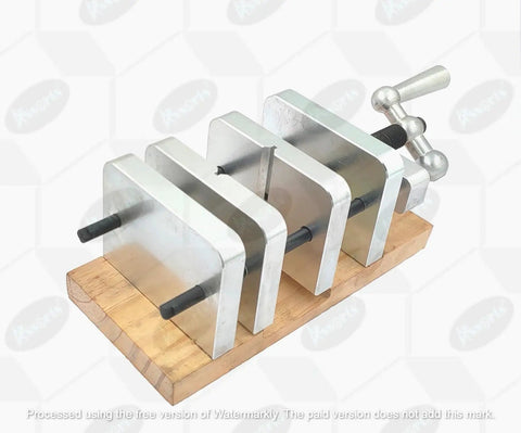 Straight Shooter Pen Centering Vise Jig For Drill Press with rugged steel jaws and wooden base for precise pen blank alignment.