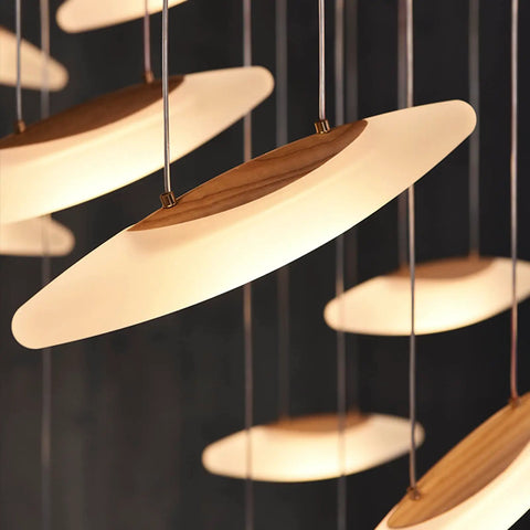 Modern Eight Led Ceiling Pendant Light With Warm Glow Handcrafted Solid Wood Shade Energy Saving Fixture great for elegant ambiance.