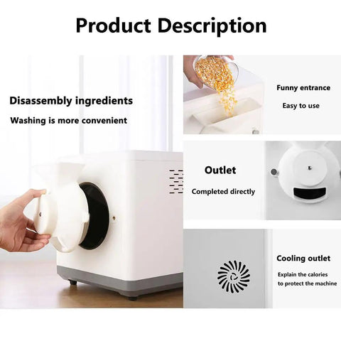 Workhorse Electric Coffee Roaster Machine 1600W With Spacious 1500G Drum showing disassembly features and outlet details.