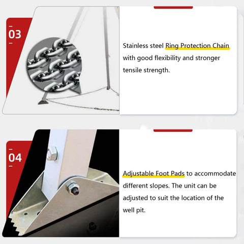 Hardcore Aluminum Confined Space Tripod Kit With Winch For Tight Squeeze Manhole Rescues Includes Fall Arrester Harness adjustable foot pads and ring protection chain.
