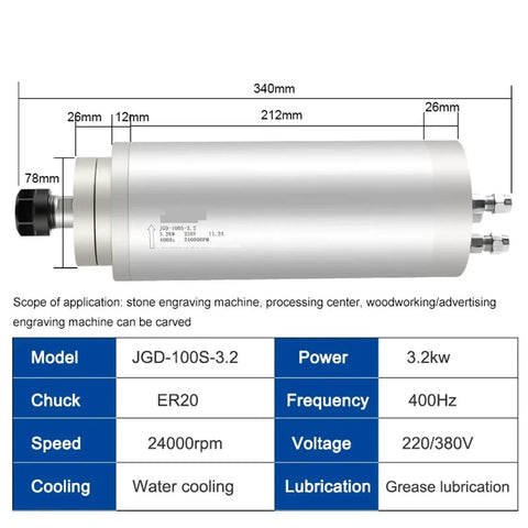 Heavy Duty Water Cooled Spindle Motor 3.2kw ER20 Built Tough For Stone Cutting At 24000 Rpm with technical specifications shown.