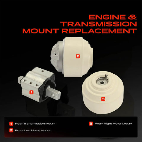 Heavy Duty Engine Motor Mount And Transmission Mount Kit Set Of 3 components including rear transmission, front left and front right motor mounts.
