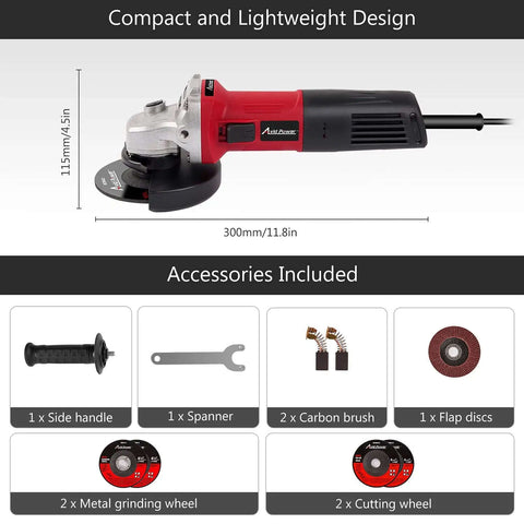 Powerful 4.5 Inch Angle Grinder With 7.5 Amp Motor And 11000 Rpm, compact design and included accessories for metal work.