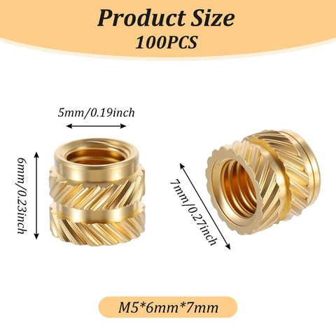 100 Pack M5 Heat Set Threaded Inserts For 3D Printing Brass Knurled Twill Nuts, 5mm ID, 7mm OD, 6mm L, product size view.