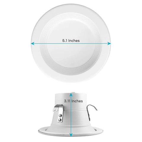 Image of 4 Inch LED Recessed Can Lights Kit With 5 Color Temp Options 2700K 3000K 3500K 4000K 5000K showing dimensions, top and side view.