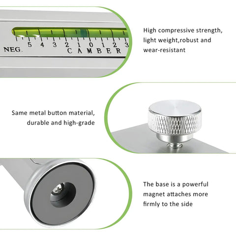 Heavy Duty Magnetic Camber Gauge Tool With Built In Green Bubble Level For Straightening Wheel Angles And Tweaking Rig Setup On Trucks Suvs And Daily Rides close-up of green bubble level and metal button on durable gauge
