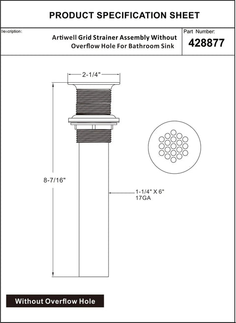 Artivell Grid Strainer Assembly Without Overflow Hole for Bathroom Sink, dimensions 2-1/4" width, 8-7/16" height.