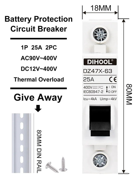 Two Pack AC DC Miniature Circuit Breakers Single Pole 25 Amp For 12 24 48 400V DC And 90 480V AC Systems Non Polarized Solar