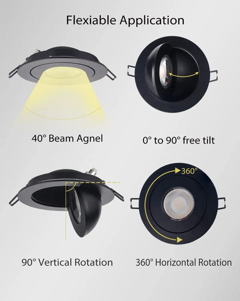 Gimbal LED Recessed Light 4 Inch Black 9W Adjustable Eyeball with 360 Degree Rotation showing flexible tilt and rotation angles
