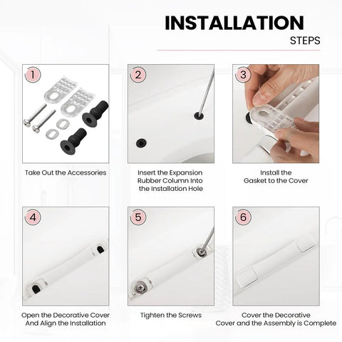 Installation steps for Super Smooth Soft Close Elongated Toilet Seat In Cotton White with tools and parts visible.