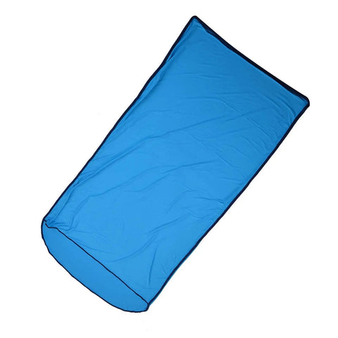 Blue versatile sleeping liner for camping and backpacking, lightweight, cozy, skin-friendly, breathable, acts as blanket or hotel sheet.