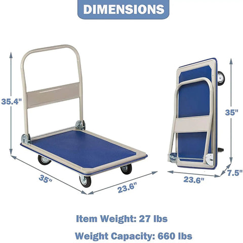 Heavy Duty Folding Platform Truck And Portable Hand Cart For Warehouse Moves Built Tough As Nails To Haul Six Hundred Sixty Pounds No Sweat, showing dimensions.