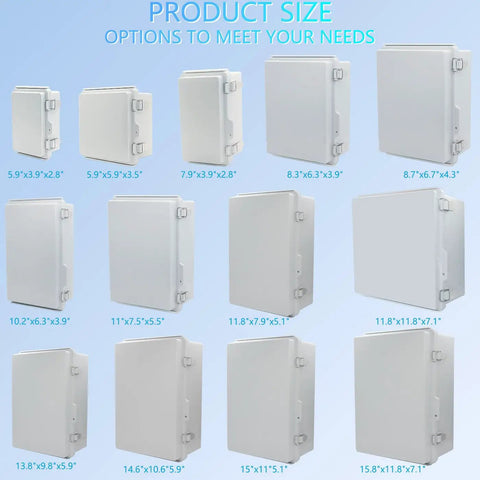 Outdoor Grade IP67 Waterproof Junction Box, Tough As Nails ABS Plastic Electrical Enclosure With Stainless Steel Latch And Hinged Cover, Includes Mounting Plate, Wall Brackets And Cable Glands, 260x160x100mm size options displayed