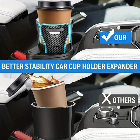 Slick 2 In 1 Center Console Cup Holder For Rivian R1S And R2 with coffee cup, showcasing stability and expandable design.