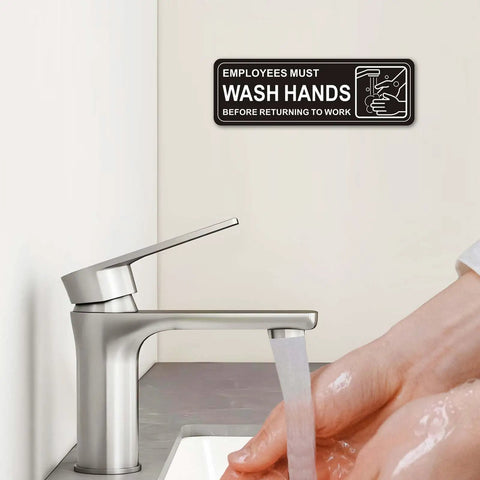 Premium Self Adhesive Must Wash Hands Sign 9 By 3 Inch Durable Acrylic Hand Washing Sign with symbols above faucet