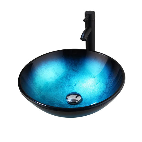 Blue Glass Vessel Bathroom Sink Set With Round Countertop Basin, Black Mixer Faucet And Pop Up Drain, Dope Modern Durable Vessel Sink Kit