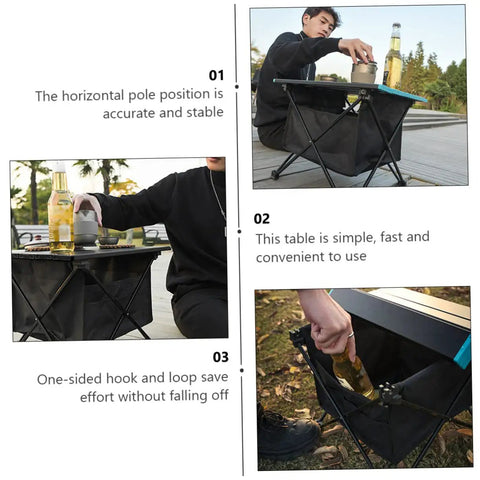 Foldable Camping Table With Storage Bag Kit for Picnic and Barbecue Quick Assembly shown with user placing bottle