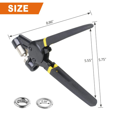 Heavy Duty Grommet Tool Kit 3/8 Inch Handheld Punch Pliers Set With 500 Pcs 10mm Silver Grommets size dimensions shown